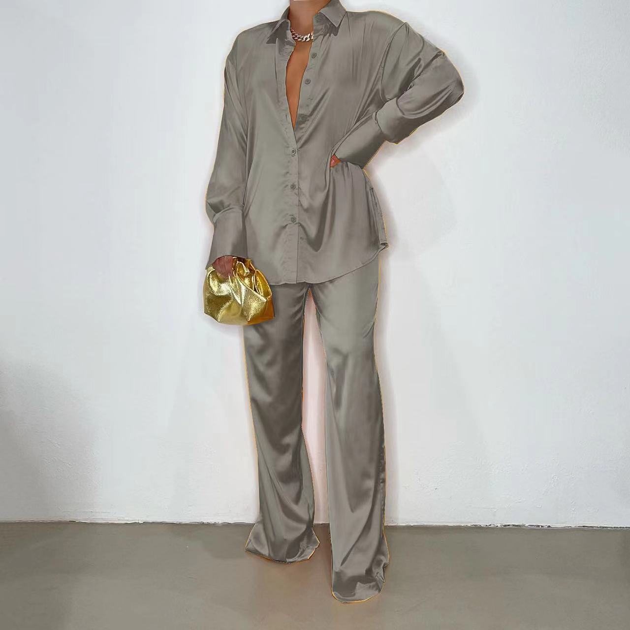 2022 Elegant Satin Women&#39;s Matching Sets Casual Long Sleeve Shirt Straight Pants Suit Female Loose Solid Tops Two Pieces Outfits