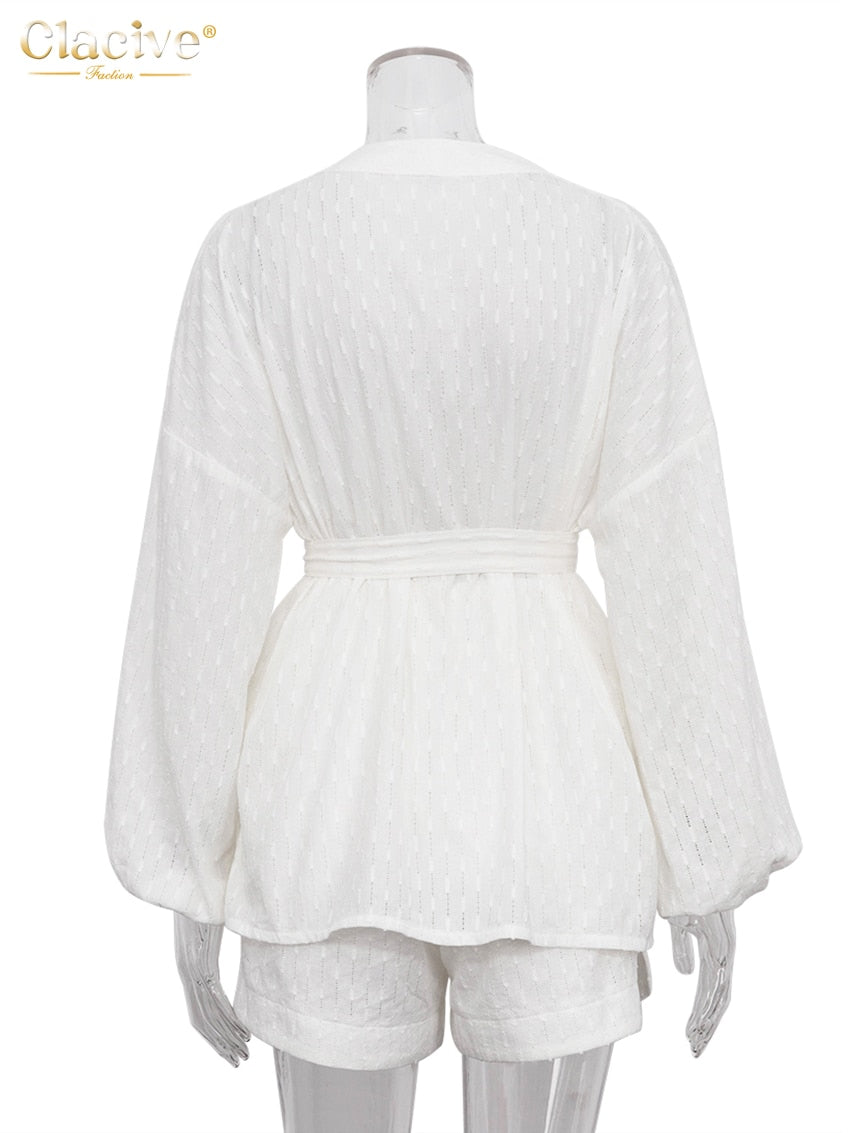 Clacive Fashion Long Sleeve Robes Top Two Piece Sets Womens Outifits Autumn Casual White Home Suit Elegant Shorts Women'S Sets