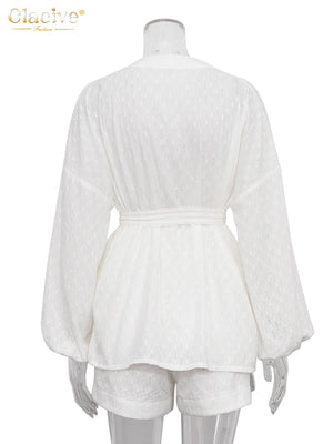 Clacive Fashion Long Sleeve Robes Top Two Piece Sets Womens Outifits Autumn Casual White Home Suit Elegant Shorts Women'S Sets