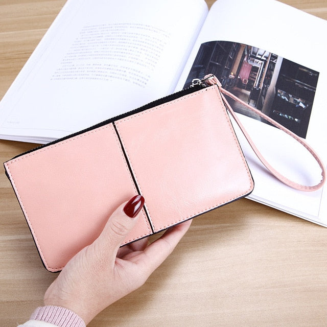 Women&#39;s Vintage Oil Wax Leather Zipper Clutch Wallet Female Large Capacity Coin Purse Ladies Wristband Simple Card Holder Wallet