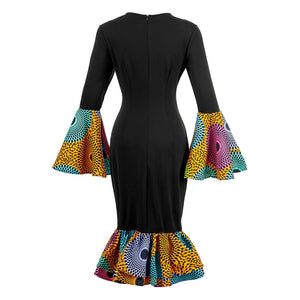 African Dresses For Women Ankara Africa Print Lotus Leaf Trumpet Sleeve Blue Circle Black Sexy Slim Dress Sexy Women's Clothing