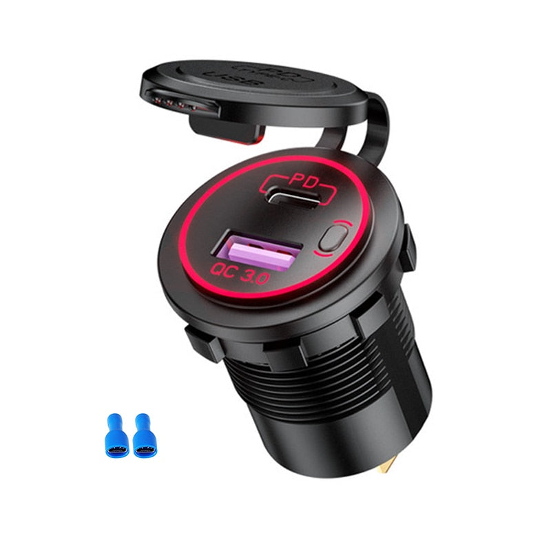 48W USB Charger Socket Waterproof Fast Charge Adapter PD Type C and QC3.0 Power Outlet With Switch For Car Marine Motorcycle