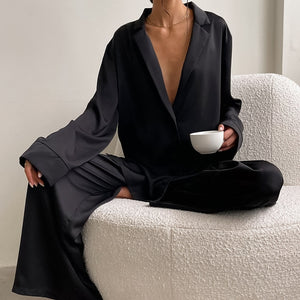 Women's Silk Pajamas Lce Silk Loose Low Cut Sexy Single Breasted Long Sleeved Wide Leg Pants Can Be Worn Externally