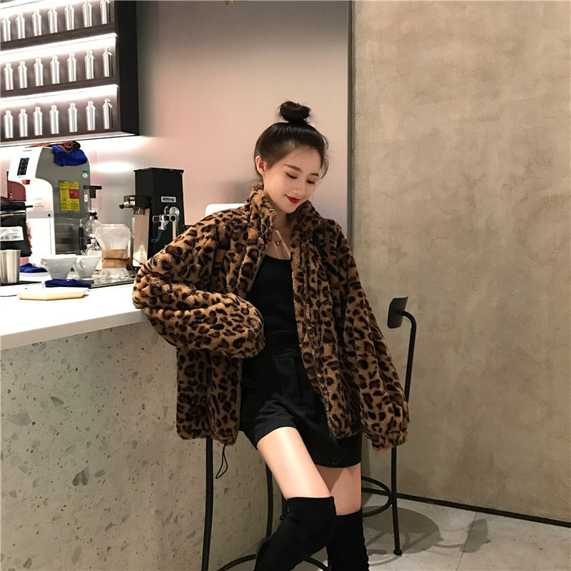 Winter Leopard Print Jacket Women&#39;s Stand collar Warm Parkas Outwear 2023 New Autumn Winter Korean Female Loose Faux Fur Coats
