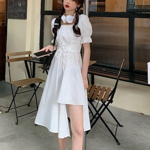 HOUZHOU Women&#39;s White Dress Summer Elegant Vintage Kawaii Puff Sleeve Midi Dress Square Collar Bandage Sundress Goth Outfits