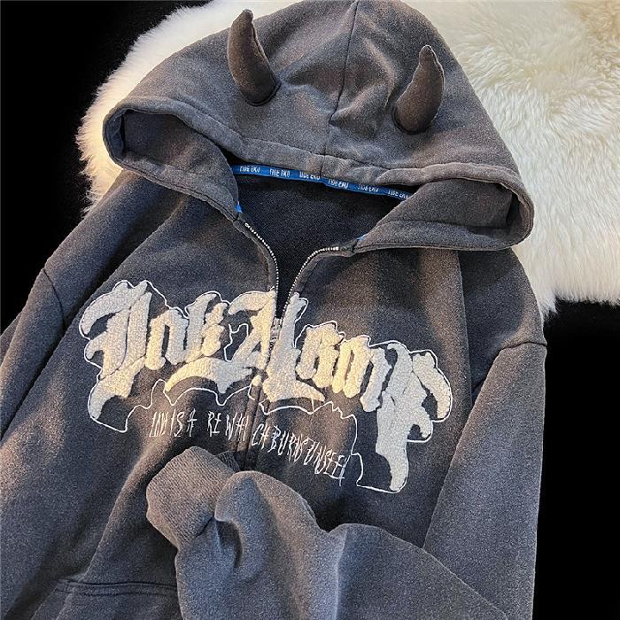 Harajuku Angel Ears Hoodies Women Retro Oversize Zipper Letter Embroidery Sweatshirts Autumn Y2K Long Sleeve Hooded Jackets Tops