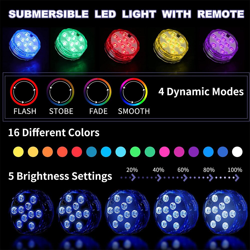 10leds RGB Submersible Light IP68 Waterproof Outdoor Swimming Pool Lights for Wedding Christmas Party Vase Fish Tank Pond Decor