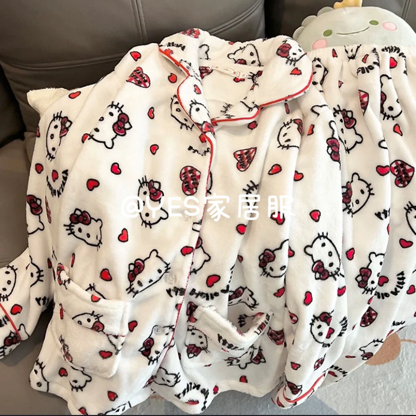 Sanrio Hello Kitty Pajama Pants Loungewear Women&#39;s Sleepwear Thickening Plush Lounge Wear Set Kawaii Thermal Nightwear for Girls