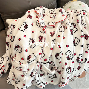 Sanrio Hello Kitty Pajama Pants Loungewear Women&#39;s Sleepwear Thickening Plush Lounge Wear Set Kawaii Thermal Nightwear for Girls