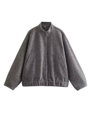 Women&#39;s Casual Loose Stand Collar Jackets 2023 Spring Warm Grey button Long Sleeve Bombers Fashion Plush Solid Female Outwear