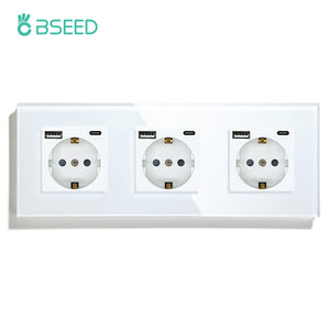 BSEED EU Standard Single Power Socket Touch Switch Crystal Panel USB Double Outlet Triple Wall Sockets Mounted Quadruple Sockets