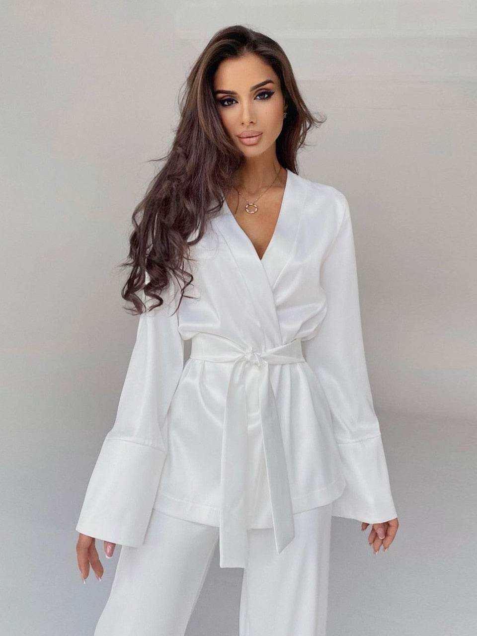 Solid Color Pajamas For Women Robe Sets Full Sleeves Women&#39;s Home Clothes Trouser Suits Satin Nightgowns Spring 2022 Loungewear