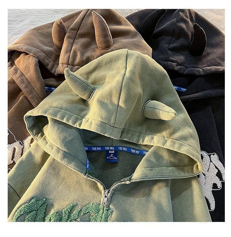 Harajuku Angel Ears Hoodies Women Retro Oversize Zipper Letter Embroidery Sweatshirts Autumn Y2K Long Sleeve Hooded Jackets Tops