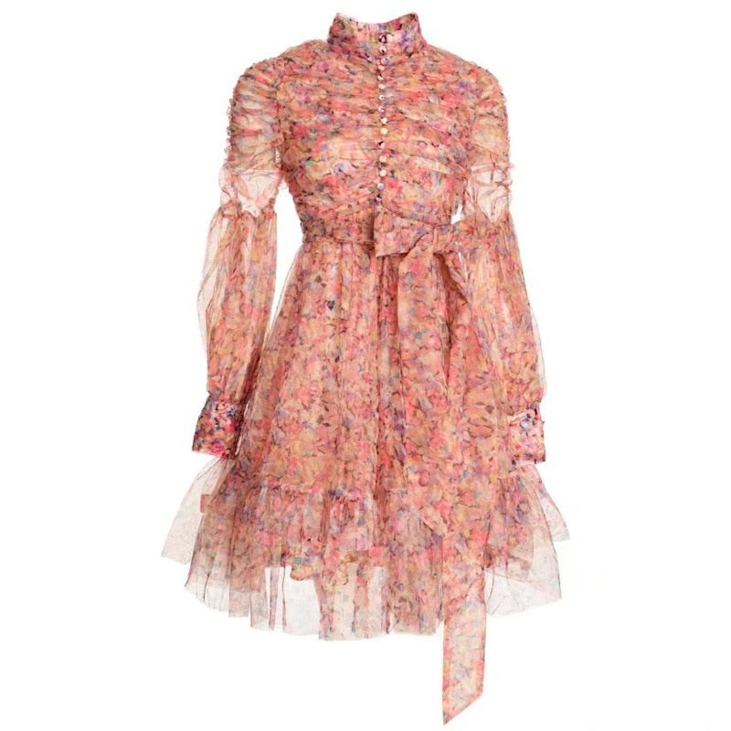 MoaaYina Fashion Designer dress Spring Women&#39;s Dress Stand collar Lantern Sleeve Lace-up Mesh Ruched Print Ball Gown Dresses