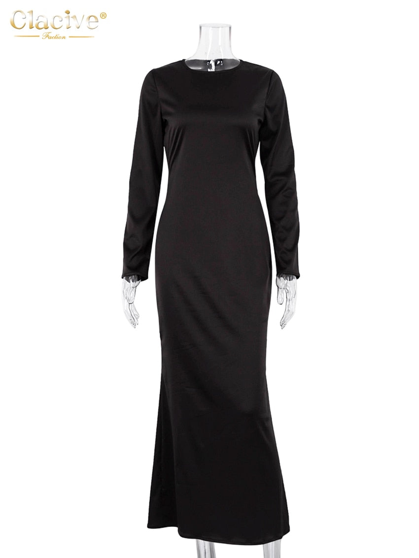Clacive Casual Black Satin Women'S Dresses 2023 Elegant O-Neck Long Sleeve Ankle-Length Dress Fashion Simple Silky Female Dress