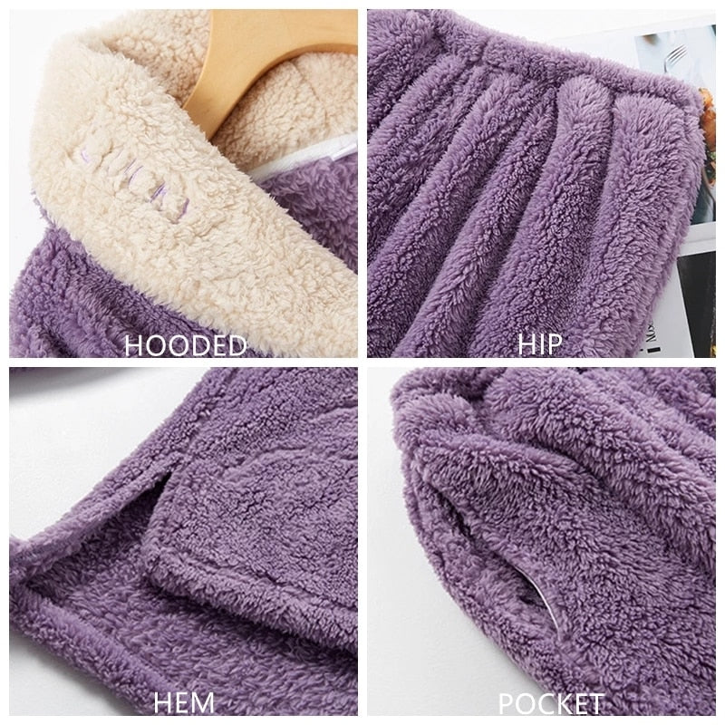 New Pajama Sets Women&#39;s Solid Long Sleeve Winter Woman Fluffy Pijama Suit with Pants Thick Warm Fleece Home Clothes for Female