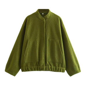 Bomber Jacket Women Zatr 2023 Women's Jackets Coat Bombers Women Green Woolen Jacket With Button Solid Chic Streetwear Top Coats