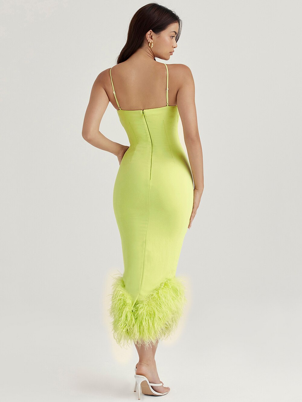 Sexy Suspender One Shoulder Sleeveless Feather Bodycon Dress 2022 New Women's Elegant Light Green Celebrity Club Party Dresses
