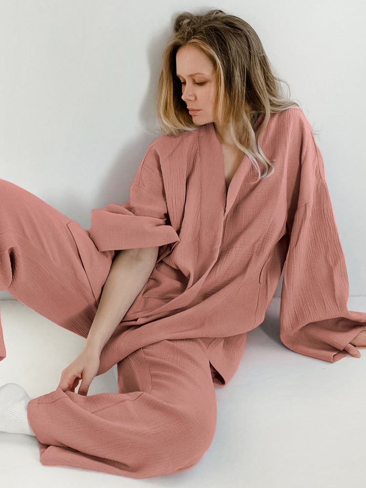 100% Cotton Women&#39;s Nightgown Robe Pajama Sets Flare Nightgown Trouser Suits Drop Sleeves Set Woman 2 Pieces Bathrobe For Women