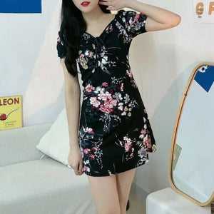 Women&#39;s Mini Sexy Dresses Summer Beach Floral Printed Shirring Pleated Elegant Short Puffy Sleeve Dress Korea Female Vestidos