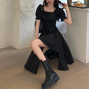 HOUZHOU Women&#39;s White Dress Summer Elegant Vintage Kawaii Puff Sleeve Midi Dress Square Collar Bandage Sundress Goth Outfits