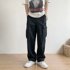 Summer Cargo Pants Men Fashion Retro Pocket Casual Pants Mens Japanese Streetwear Loose Hip Hop Straight Pants Mens Trousers