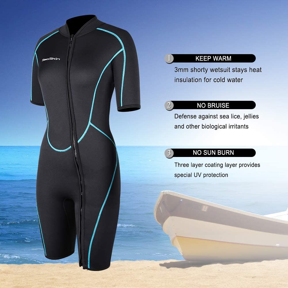 Women&#39;s 3mm Neoprene Shorty Wetsuit Short Sleeve Front Zip Diving Suit Snorkeling Surfing Swimming Swimwear One Piece Swimsuit