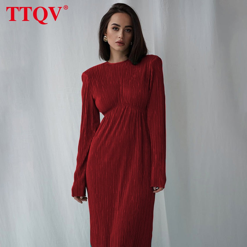 TTQV Winter O-Neck Green Women&#39;S Dress Elegant Long Sleeve Bodycon Midi Dresses Female Casual Pleated Dress For New Year 2022