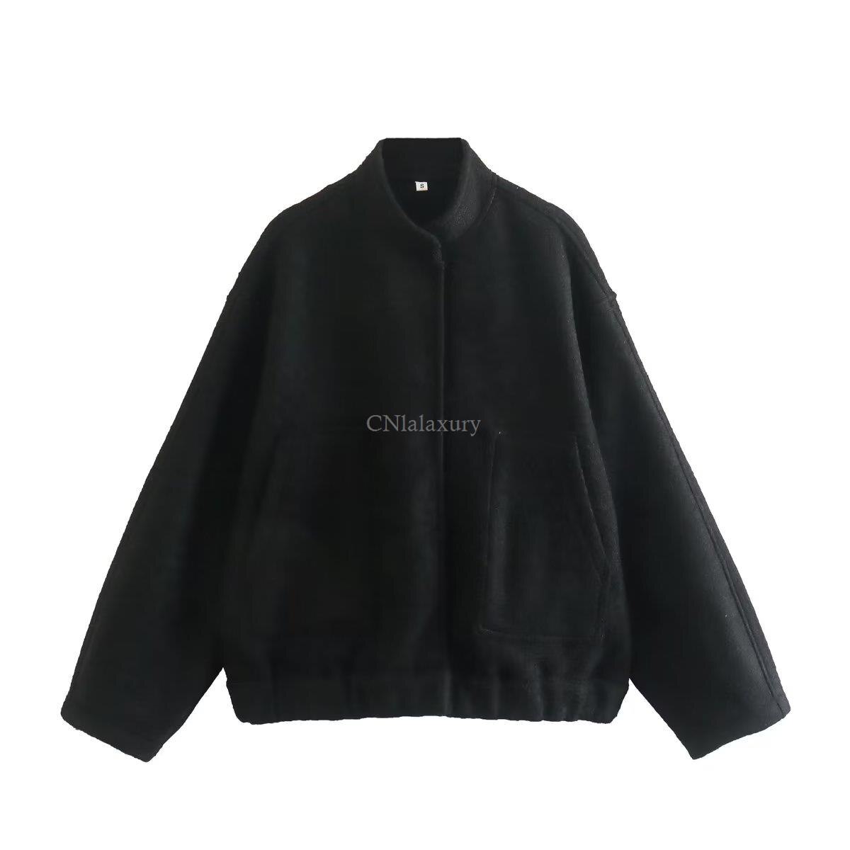 CNlalaxury Women's Bombers Grey With Buttons Long Sleeve Jackets Coat 2023 Spring Winter Female Warm With Pockets Casual Outwear