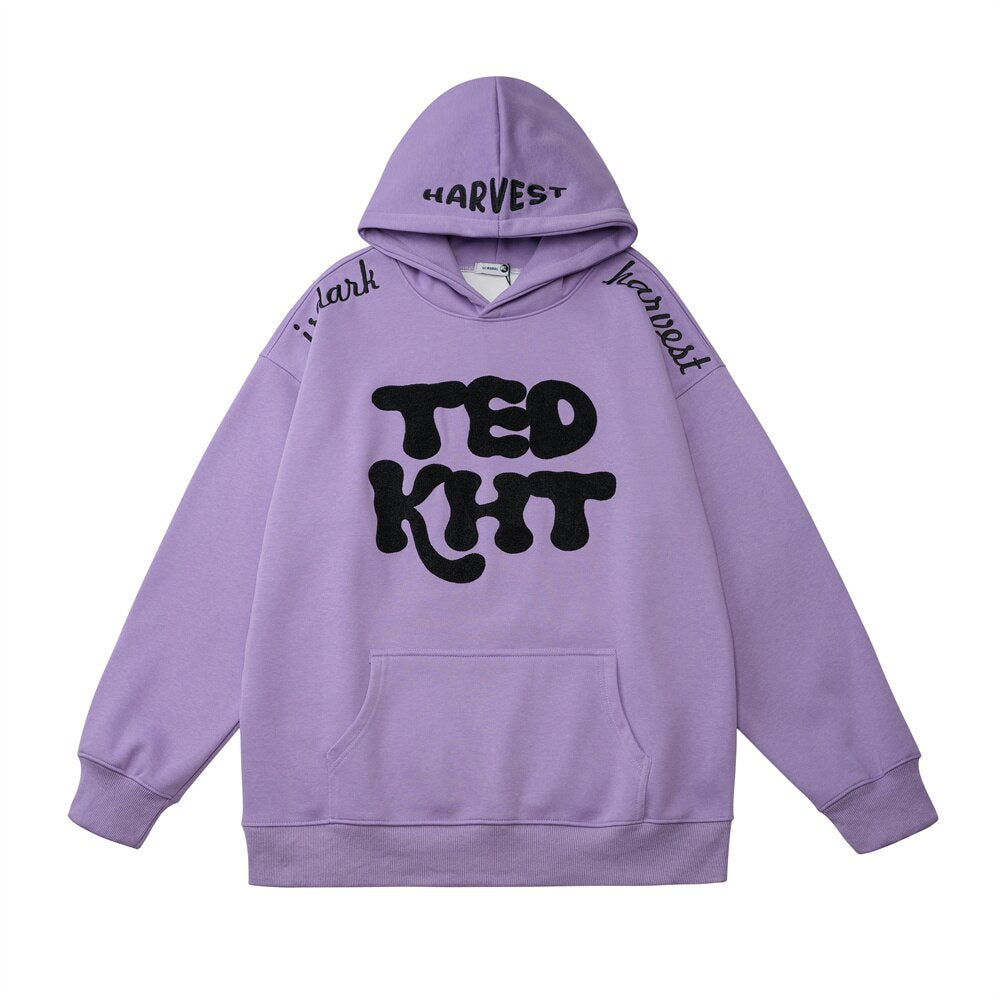 Letter Embroidery Hooded Sweatshirts Mens Autumn Winter Long Sleeve Loose Casual Streetwear Drop Shoulder Hoodies Men