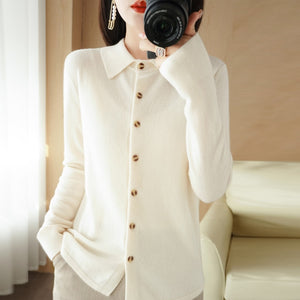 Women&#39;s Wool Knit Cardigan Jacket Loose Polo Collar Sweater Outer Solid Color Button Knit Shirt Pullover French 2022 New  Spring