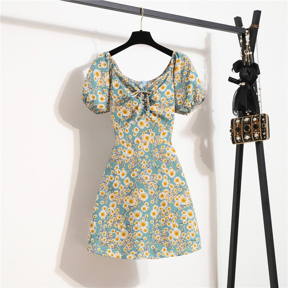 Women&#39;s Mini Sexy Dresses Summer Beach Floral Printed Shirring Pleated Elegant Short Puffy Sleeve Dress Korea Female Vestidos