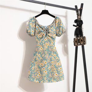 Women&#39;s Mini Sexy Dresses Summer Beach Floral Printed Shirring Pleated Elegant Short Puffy Sleeve Dress Korea Female Vestidos