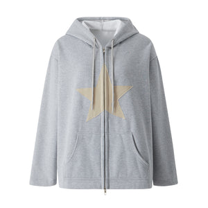 Hip Hop Zip Up Hoodie Vintage Star Patch Cotton Loose Sweatshirt Jacket Harajuku Gothic Long Sleeve Women Sweatshirt Y2k Clothes