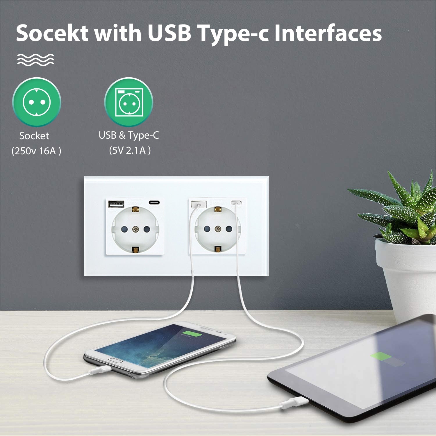BSEED EU Standard Single Power Socket Touch Switch Crystal Panel USB Double Outlet Triple Wall Sockets Mounted Quadruple Sockets