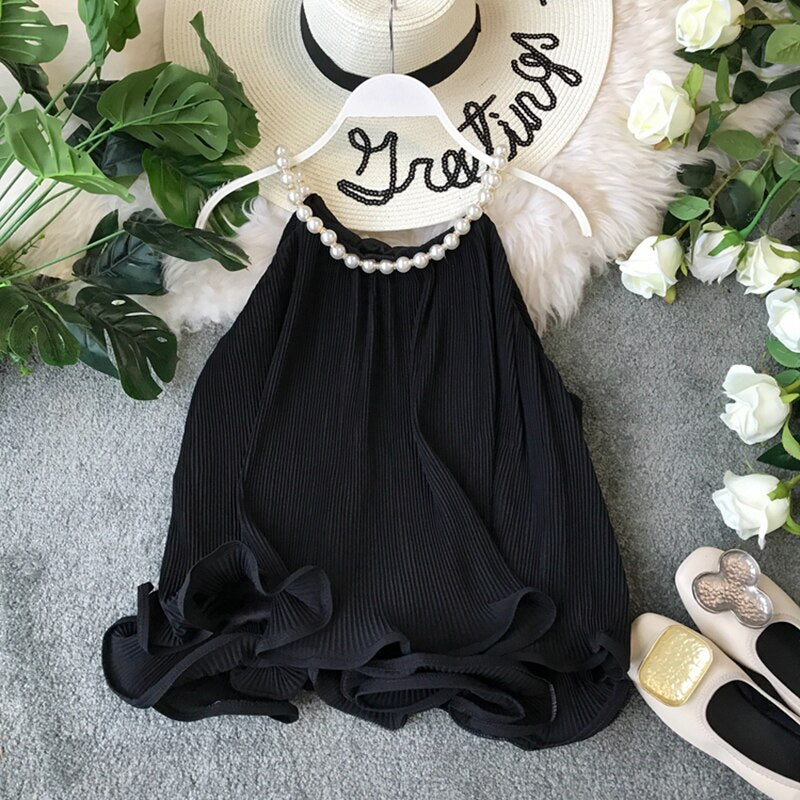Women's Tops Summer Halter Beading Curled Chiffon Shirt Ruffled Loose Baby Shirt Sleeveless Tops Women Blouse ML843