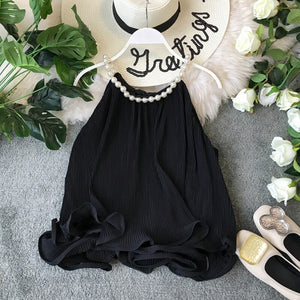 Women's Tops Summer Halter Beading Curled Chiffon Shirt Ruffled Loose Baby Shirt Sleeveless Tops Women Blouse ML843