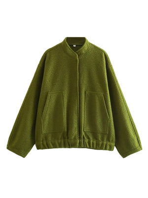 Bomber Jacket Women Zatr 2023 Women's Jackets Coat Bombers Women Green Woolen Jacket With Button Solid Chic Streetwear Top Coats