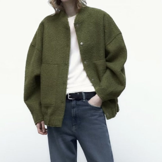 Women&#39;s Casual Loose Stand Collar Jackets 2023 Spring Warm Grey button Long Sleeve Bombers Fashion Plush Solid Female Outwear