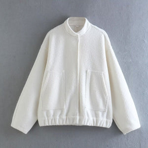 Women&#39;s Casual Loose Stand Collar Jackets 2023 Spring Warm Grey button Long Sleeve Bombers Fashion Plush Solid Female Outwear