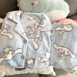 Sanrio Hello Kitty Pajama Pants Loungewear Women&#39;s Sleepwear Thickening Plush Lounge Wear Set Kawaii Thermal Nightwear for Girls