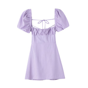 XNWMNZ women white fashion linen blend dress female square neck short puff sleeves backless crossover straps dress for women's
