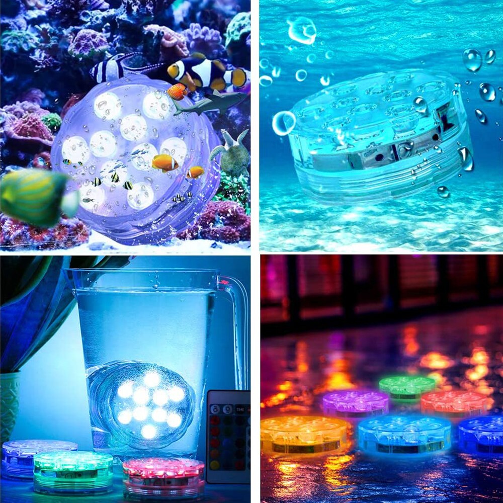 10leds RGB Submersible Light IP68 Waterproof Outdoor Swimming Pool Lights for Wedding Christmas Party Vase Fish Tank Pond Decor