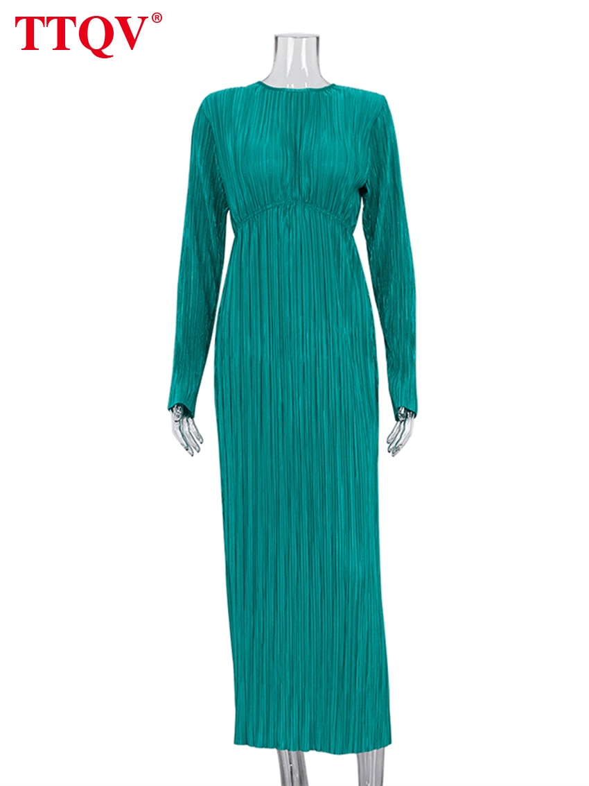 TTQV Winter O-Neck Green Women&#39;S Dress Elegant Long Sleeve Bodycon Midi Dresses Female Casual Pleated Dress For New Year 2022