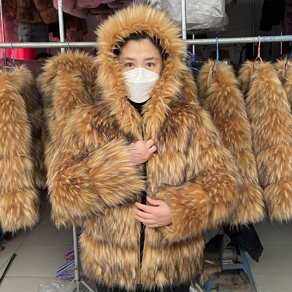 Faux Fur Coat Women&#39;s Jacket Winter Fashion Short Warm Thick Fox Raccoon Leather High Quality Brown Plus Size 2022 Fake Fur Coat