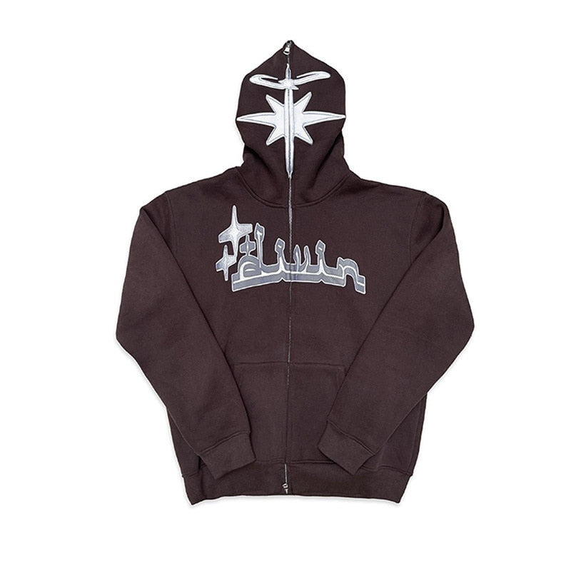 Y2K Embroidered Print Hoodies Men&#39;s Fashion Oversized Full Zip Up Hooded Sweatshirt Hip Hop Long Sleeve Jacket Coat Streetwear
