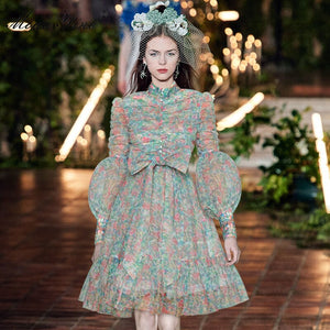 MoaaYina Fashion Designer dress Spring Women&#39;s Dress Stand collar Lantern Sleeve Lace-up Mesh Ruched Print Ball Gown Dresses