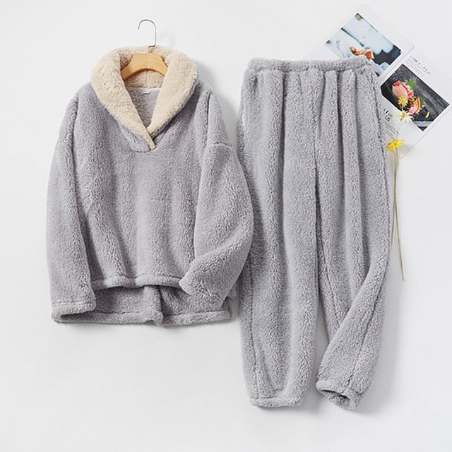 New Pajama Sets Women&#39;s Solid Long Sleeve Winter Woman Fluffy Pijama Suit with Pants Thick Warm Fleece Home Clothes for Female