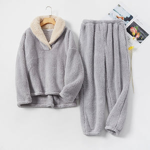 New Pajama Sets Women&#39;s Solid Long Sleeve Winter Woman Fluffy Pijama Suit with Pants Thick Warm Fleece Home Clothes for Female