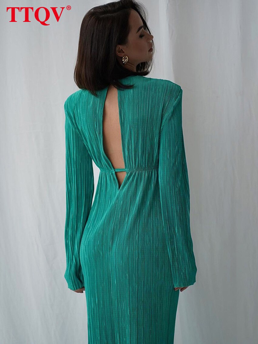 TTQV Winter O-Neck Green Women&#39;S Dress Elegant Long Sleeve Bodycon Midi Dresses Female Casual Pleated Dress For New Year 2022